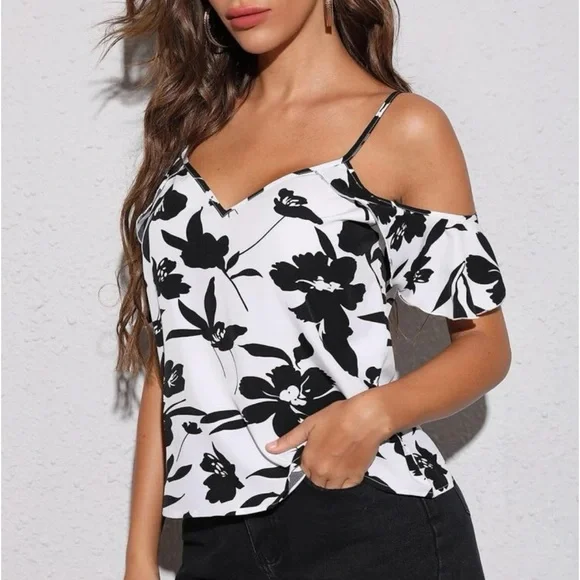 Boho floral print cold shoulder blouse